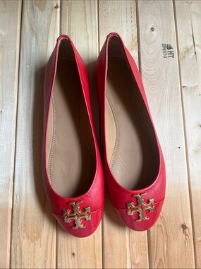 Tory Burch Red Leather Logo Ballet Flats - Gold Emblem